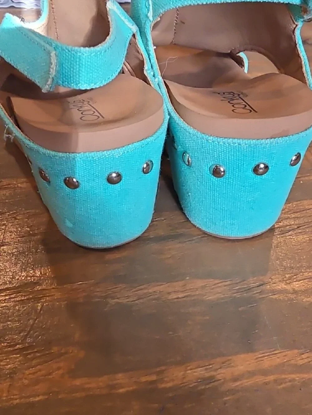Corkys Turquoise Canvas Slingback Wedge Sandals